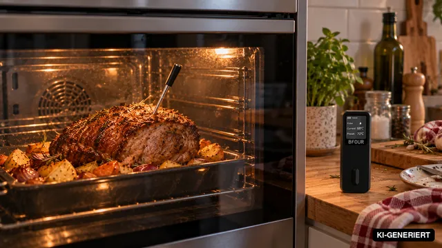 Braten im Backofen mit eingestochenem Fleischthermometer (KI-generiertes Bild)
