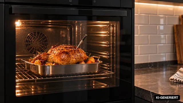 Goldbraunes Hähnchen im Backofen mit Fleischthermometer (KI-generiertes Bild)