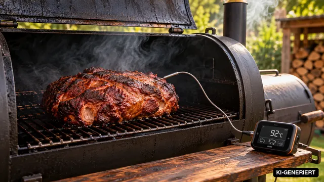 Pulled Pork im Smoker mit Funkthermometer bei 92 °C (KI-generiertes Bild)